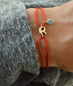Personalized initial string bracelet with birthstone dangle - adjustable no hanging ends
