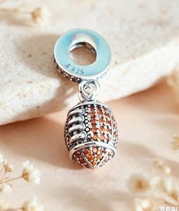 Sterling Silver American Football Dangle Dangle Charm, Sparkling Brown Crystal Rugby Ball Bead